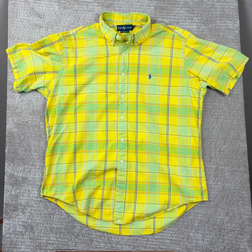 Ralph Lauren XL Classic Fit Short Sleeve Plaid Button Down Shirt Yellow Green‎